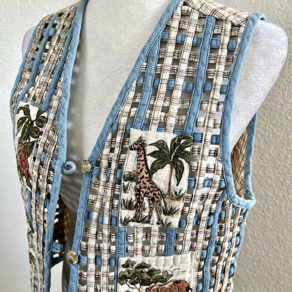 Casey & Max Vintage Sz Large Safari Animal Cottage Patchwork Lattice Front Vest